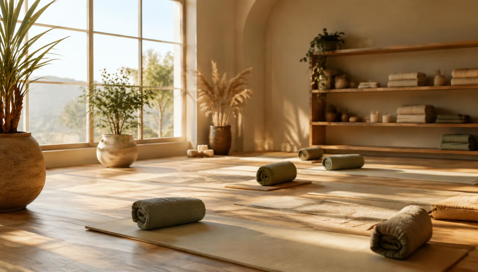 Sunlit yoga studio with mats